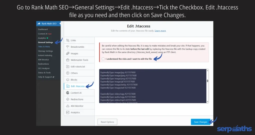how to edit htaccess using Rank Math